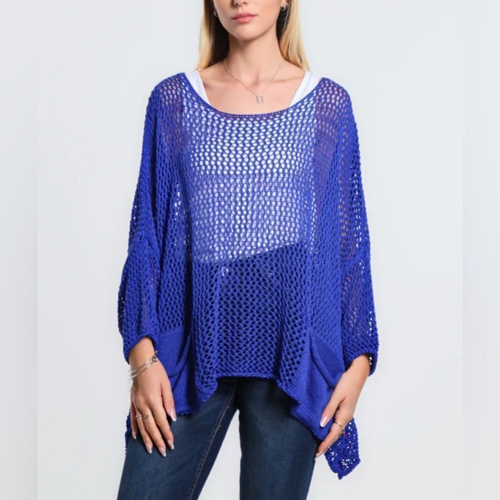 Tina Stephens Made in Italy Boatneck Sweater Top Open Weave Blue OS